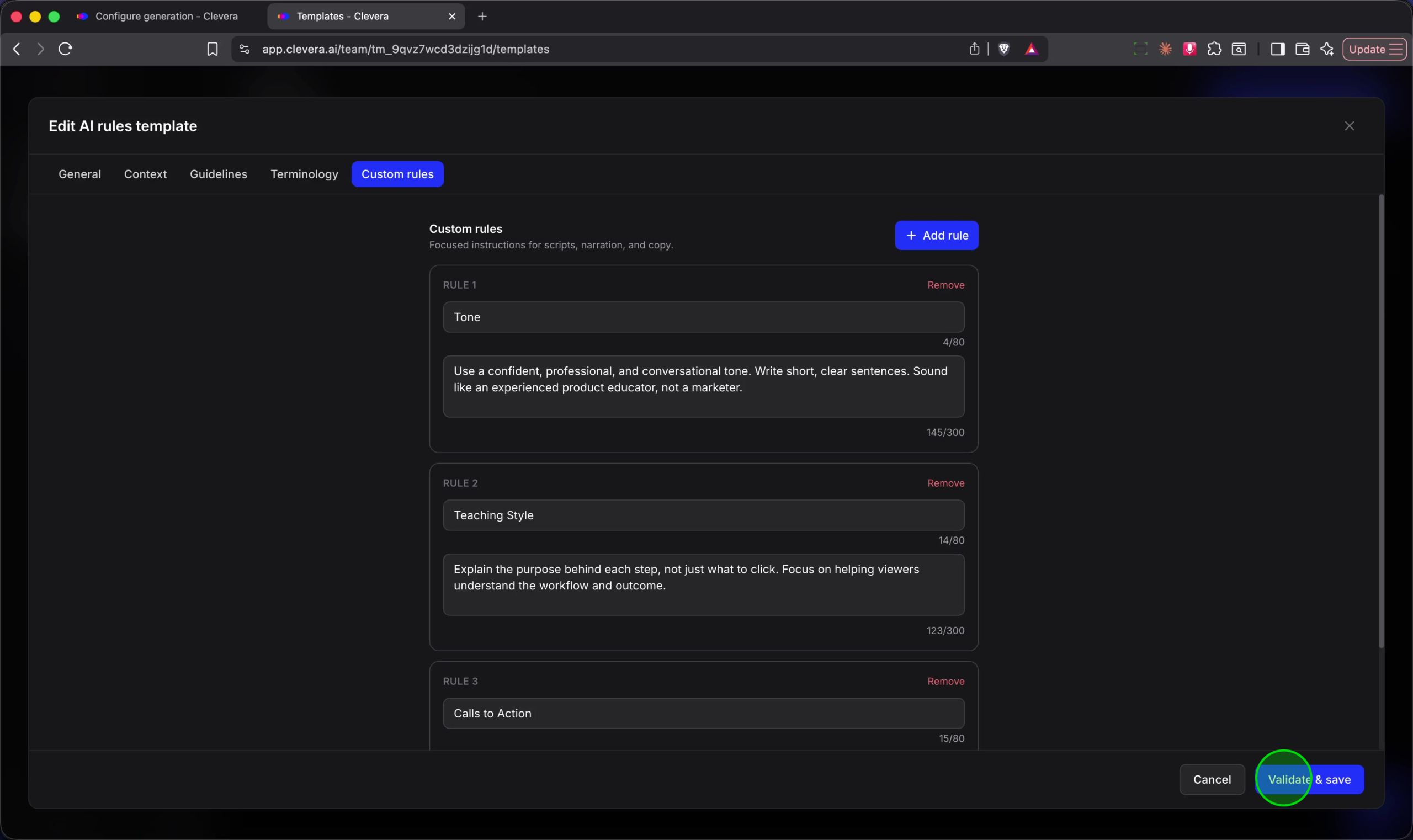 The Custom rules tab where you can add specific editorial instructions for the AI